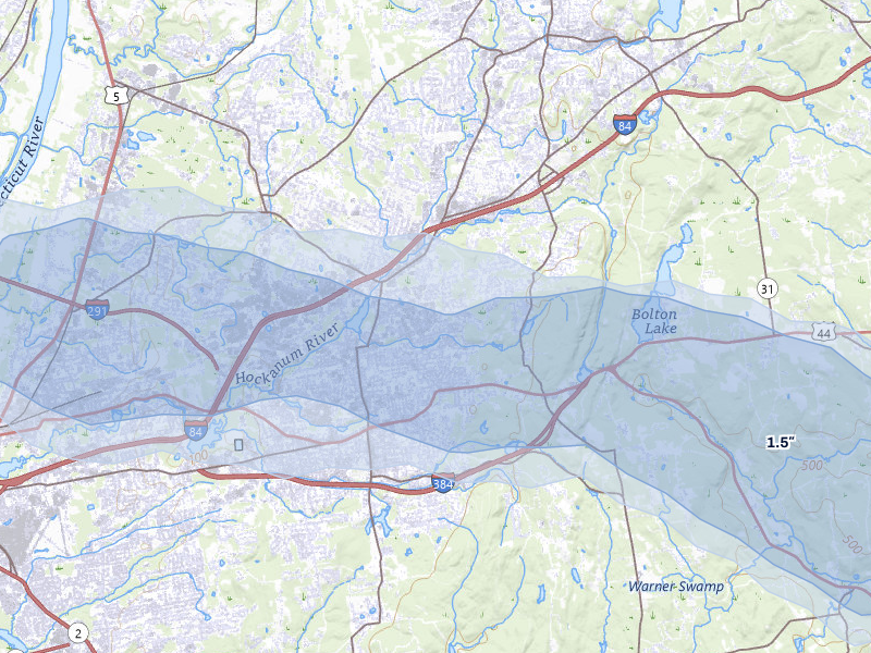 NEXRAD radar-signature map of the hail storm over Manchester, CT on Jul 1, 2026