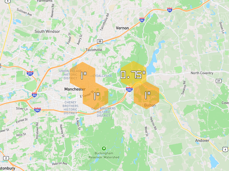 Hail map of Manchester, CT on Jul 2, 2026, hail up to 1"
