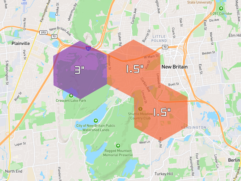Hail map of New Britain, CT on Jul 5, 2026, hail up to 3"
