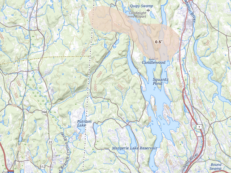 Radar-estimated hail-size map of the storm over New Fairfield, CT on Jul 4, 2026