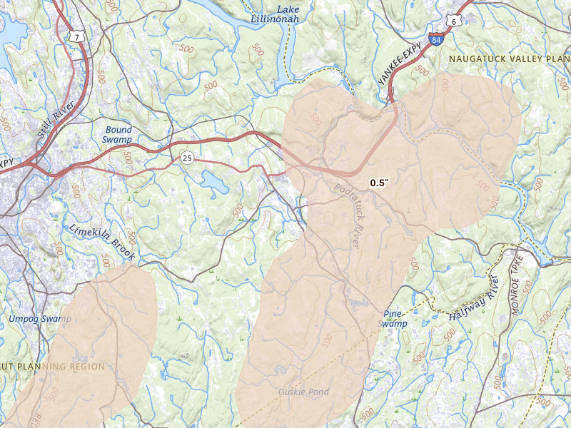 Radar-estimated hail-size map of the storm over Newtown, CT on Aug 7, 2026
