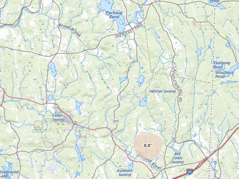 Radar-estimated hail-size map of the storm over North Stonington, CT on Apr 17, 2026