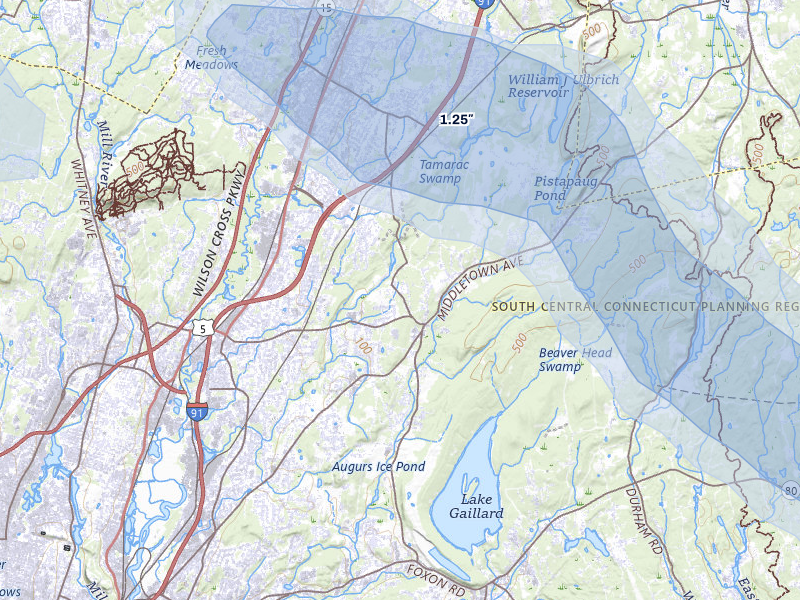 NEXRAD radar-signature map of the hail storm over Northford, CT on Jul 4, 2026
