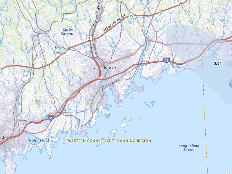 NEXRAD radar-signature map of the hail over Norwalk, CT