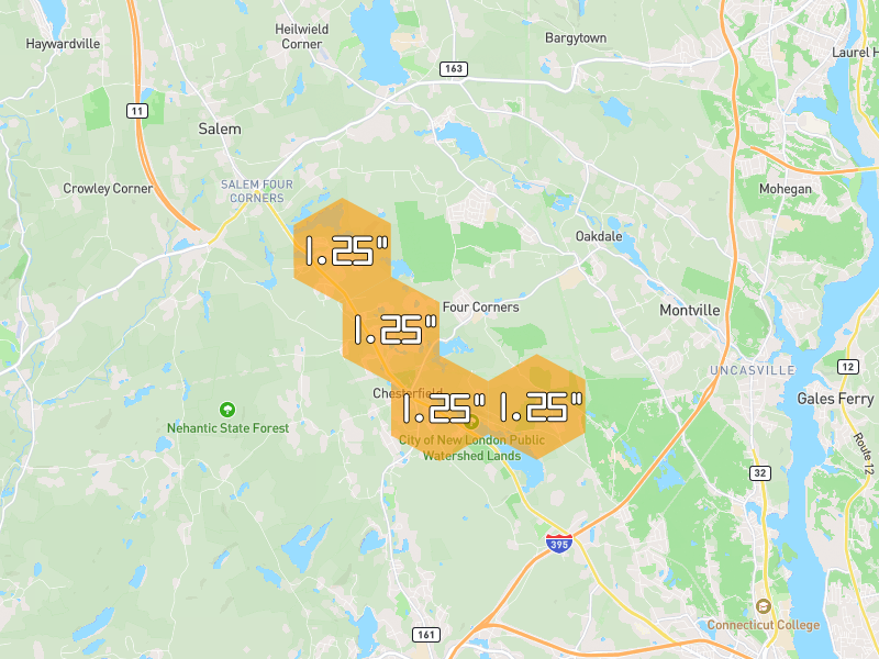 Hail map of Oakdale, CT on Jul 5, 2026, hail up to 1.25"