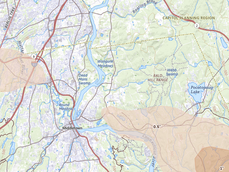 Radar-estimated hail-size map of the storm over Portland, CT on Jul 4, 2026