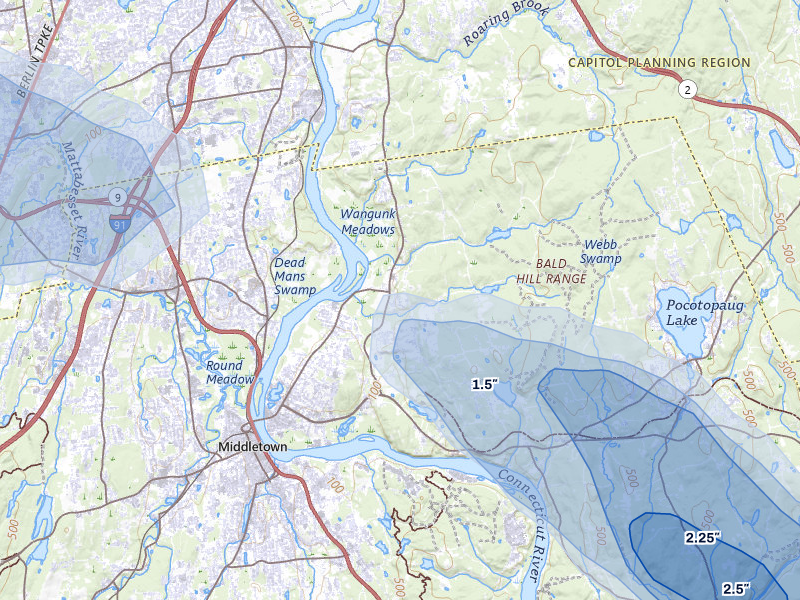 NEXRAD radar-signature map of the hail over Portland, CT