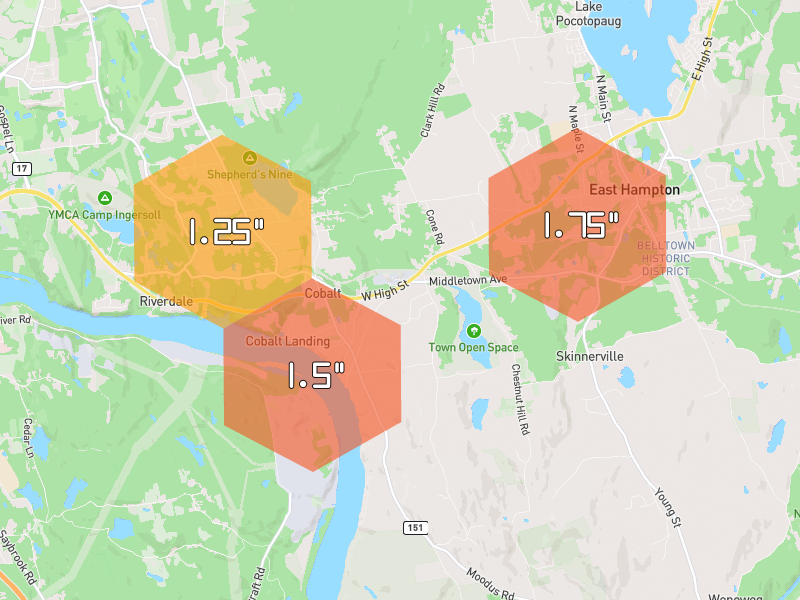 Hail map of Portland, CT on Jul 5, 2026, hail up to 1.75"