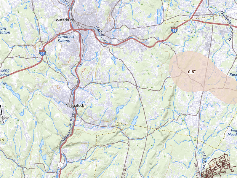 Radar-estimated hail-size map of the storm over Prospect, CT on Jul 4, 2026