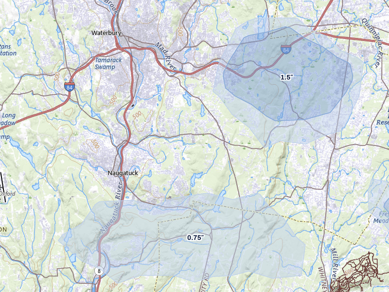 NEXRAD radar-signature map of the hail over Prospect, CT