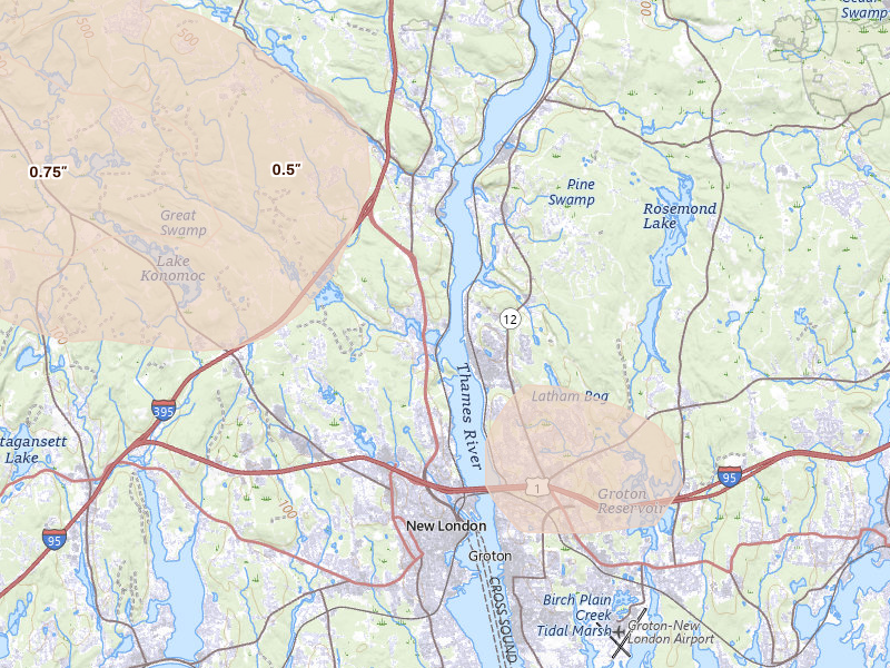 Radar-estimated hail-size map of the storm over Quaker Hill, CT on Jul 4, 2026