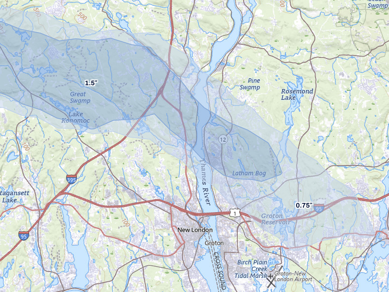 NEXRAD radar-signature map of the hail over Quaker Hill, CT