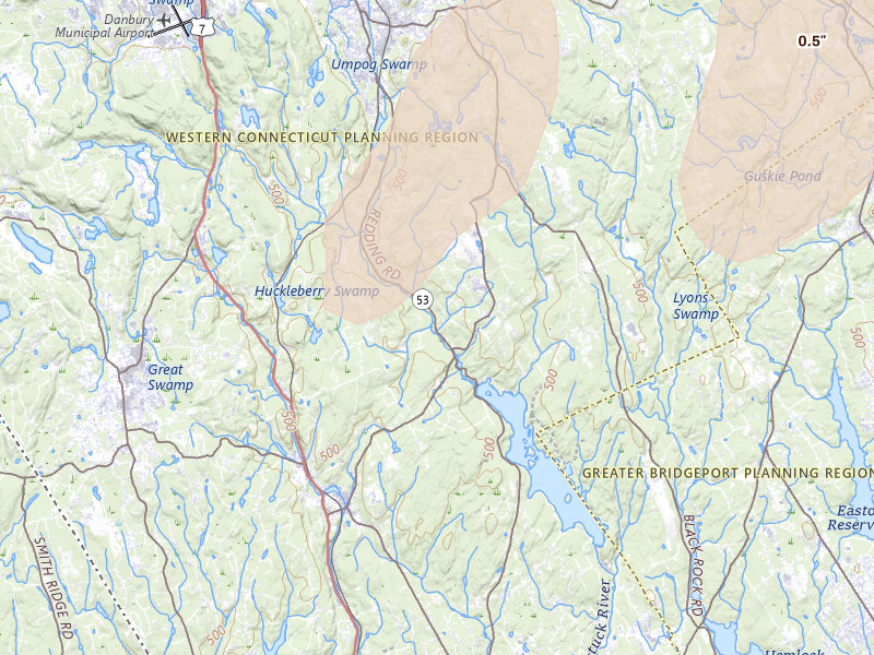 Radar-estimated hail-size map of the storm over Redding, CT on Aug 7, 2026