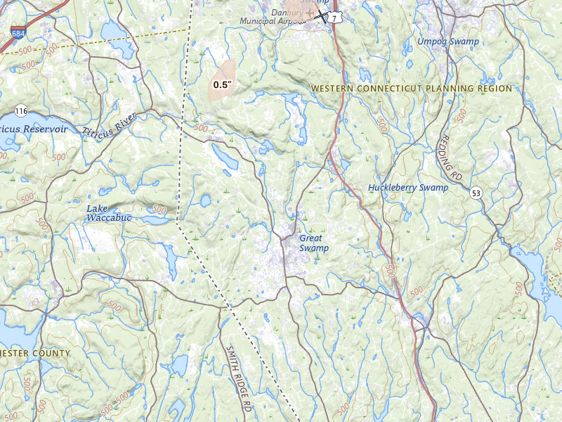 Radar-estimated hail-size map of the storm over Ridgefield, CT on Aug 27, 2026