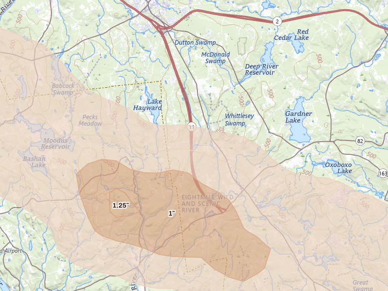 Radar-estimated hail-size map of the storm over Salem, CT on Jul 4, 2026