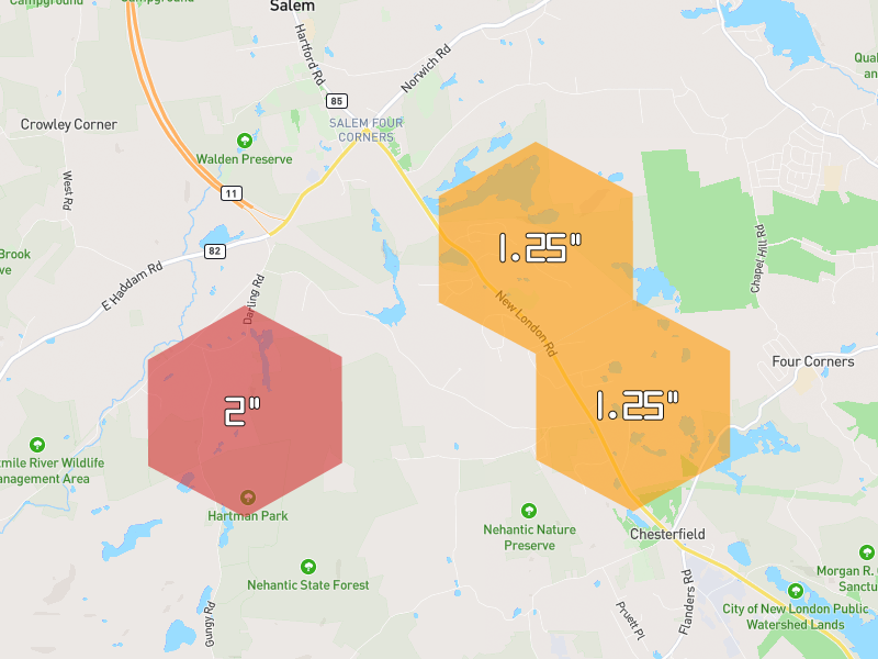 Hail map of Salem, CT on Jul 5, 2026, hail up to 2"
