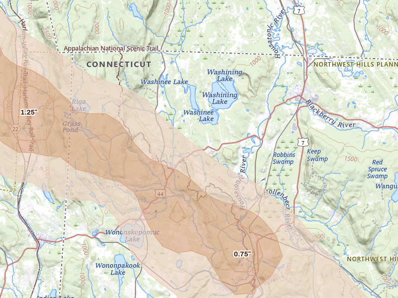 Radar-estimated hail-size map of the storm over Salisbury, CT on Jul 4, 2026
