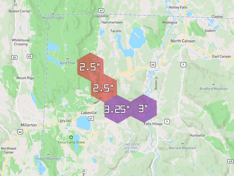 Hail map of Salisbury, CT on Jul 4, 2026, hail up to 3.25"