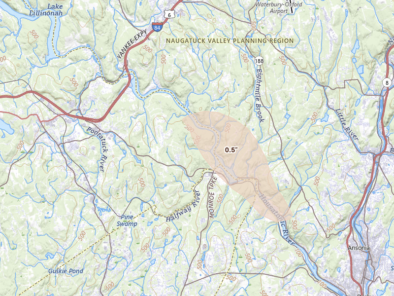 Radar-estimated hail-size map of the storm over Sandy Hook, CT on Jun 11, 2026