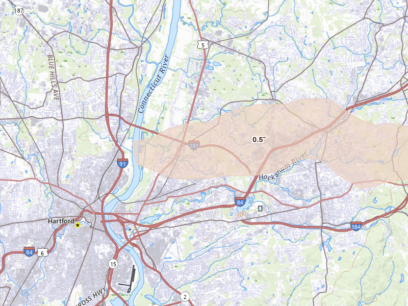 Radar-estimated hail-size map of the storm over South Windsor, CT on Jul 1, 2026