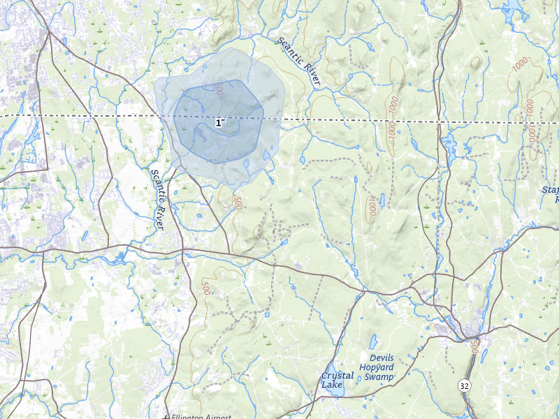 NEXRAD radar-signature map of the hail storm over Stafford Springs, CT on Jul 1, 2026
