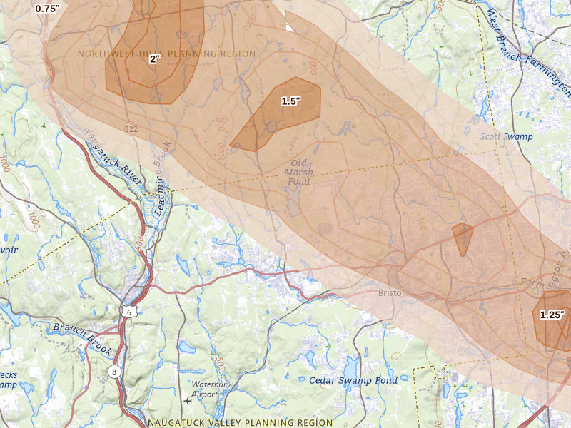 Radar-estimated hail-size map of the storm over Terryville, CT on Jul 4, 2026