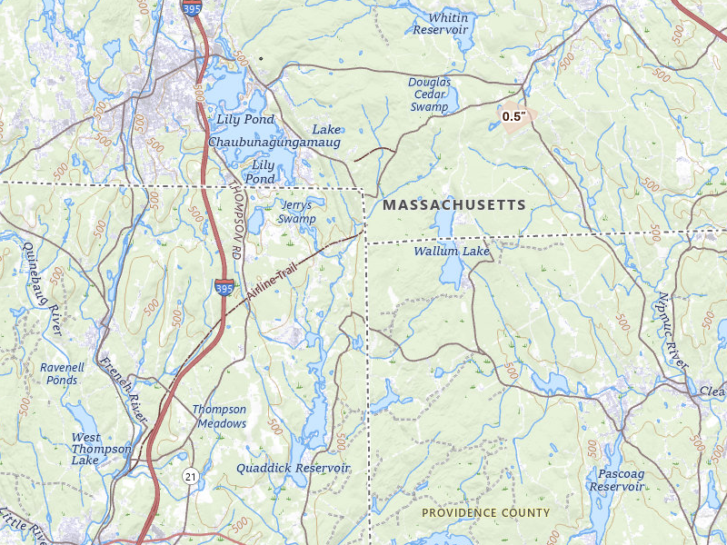 Radar-estimated hail-size map of the storm over Thompson, CT on Jul 1, 2026