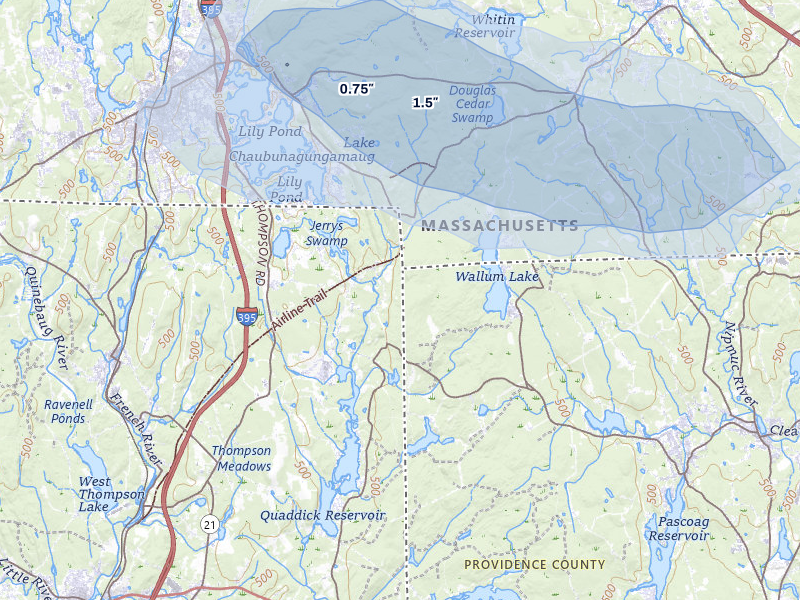 NEXRAD radar-signature map of the hail storm over Thompson, CT on Jul 1, 2026