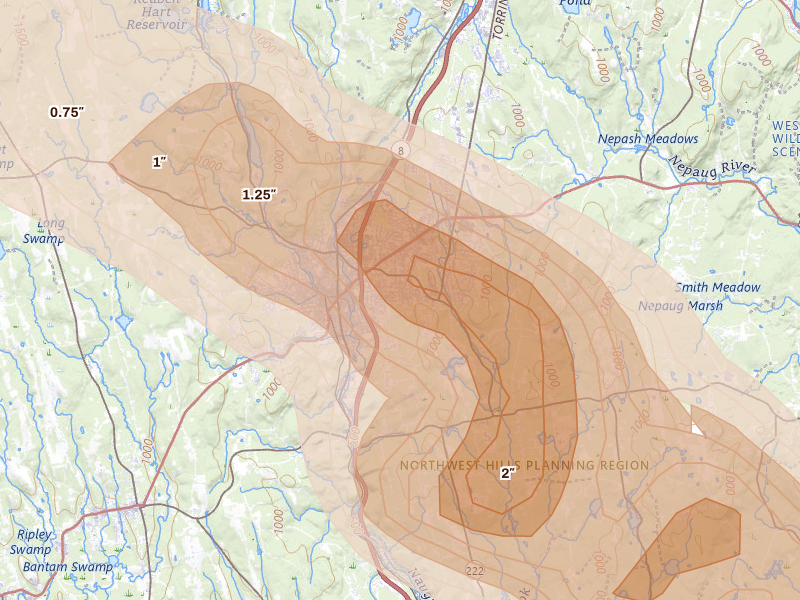 Radar-estimated hail-size map of the storm over Torrington, CT on Jul 4, 2026