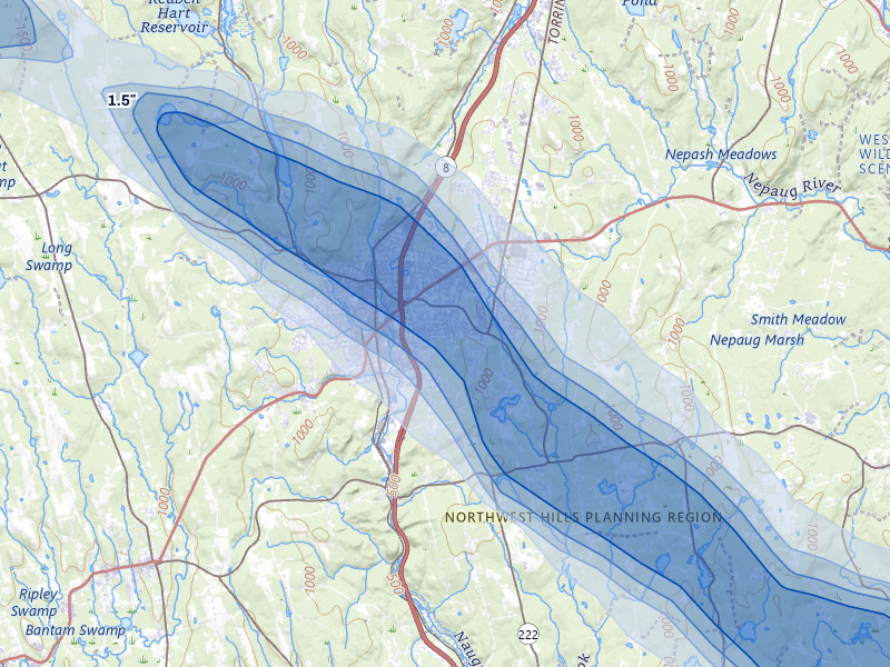 NEXRAD radar-signature map of the hail over Torrington, CT