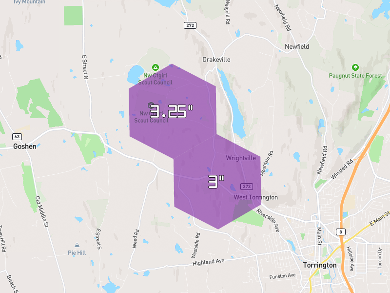 Hail map of Torrington, CT on Jul 4, 2026, hail up to 3.25"