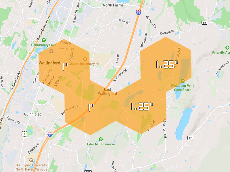 Hail map of Wallingford, CT on Jul 4, 2026, hail up to 1.25"