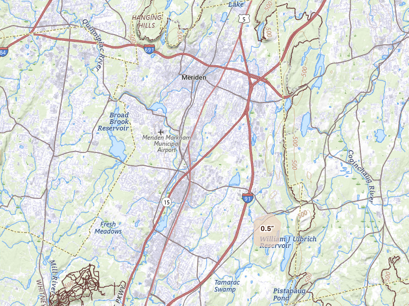 Radar-estimated hail-size map of the storm over Wallingford, CT on Aug 7, 2026
