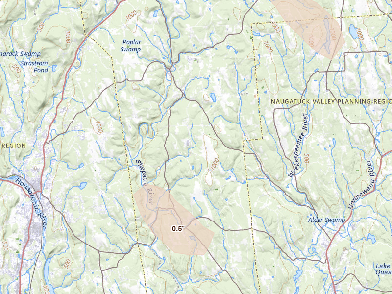 Radar-estimated hail-size map of the storm over Washington, CT on Jun 11, 2026
