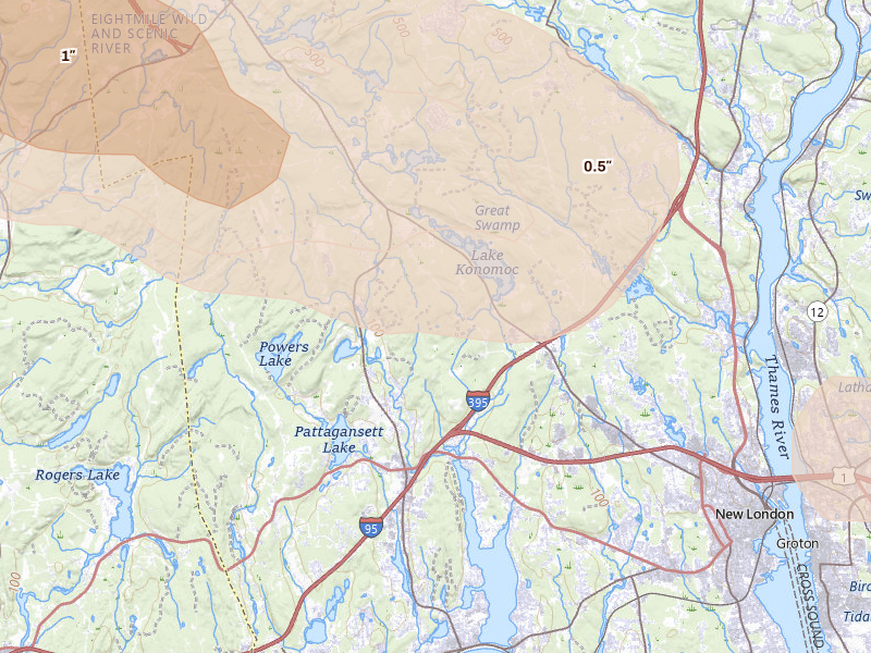 Radar-estimated hail-size map of the storm over Waterford, CT on Jul 4, 2026