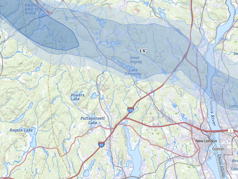 NEXRAD radar-signature map of the hail over Waterford, CT
