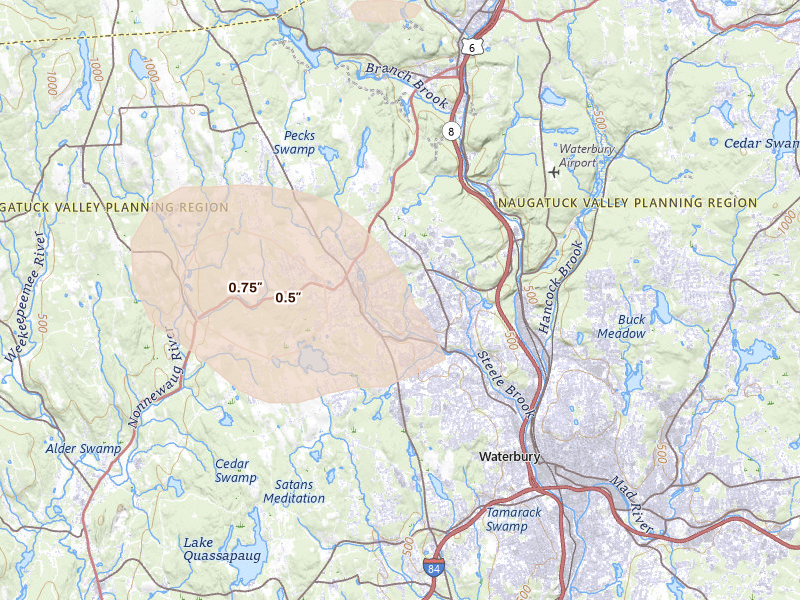 Radar-estimated hail-size map of the storm over Watertown, CT on Jun 12, 2026