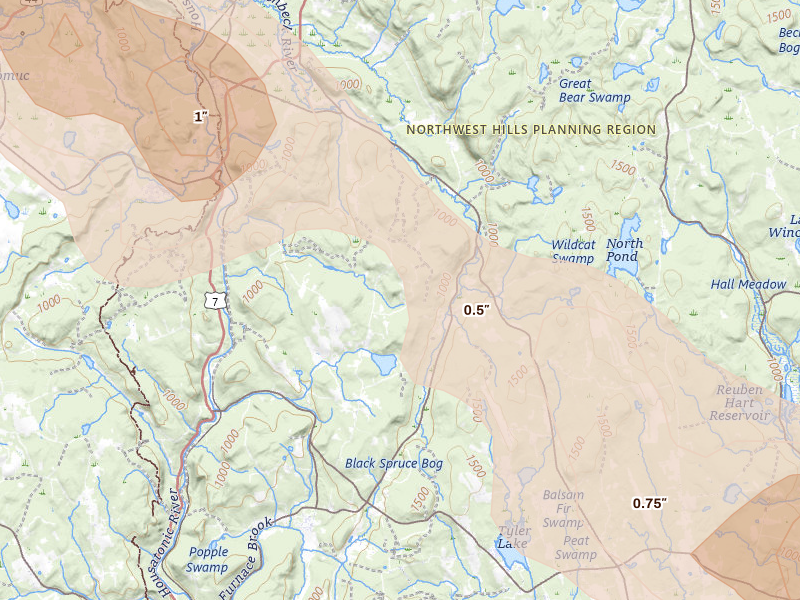 Radar-estimated hail-size map of the storm over West Cornwall, CT on Jul 4, 2026