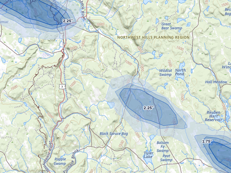 NEXRAD radar-signature map of the hail storm over West Cornwall, CT on Jul 4, 2026