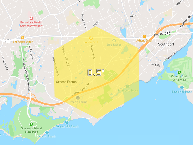 Hail map of Westport, CT on Jul 21, 2026, hail up to 0.5"