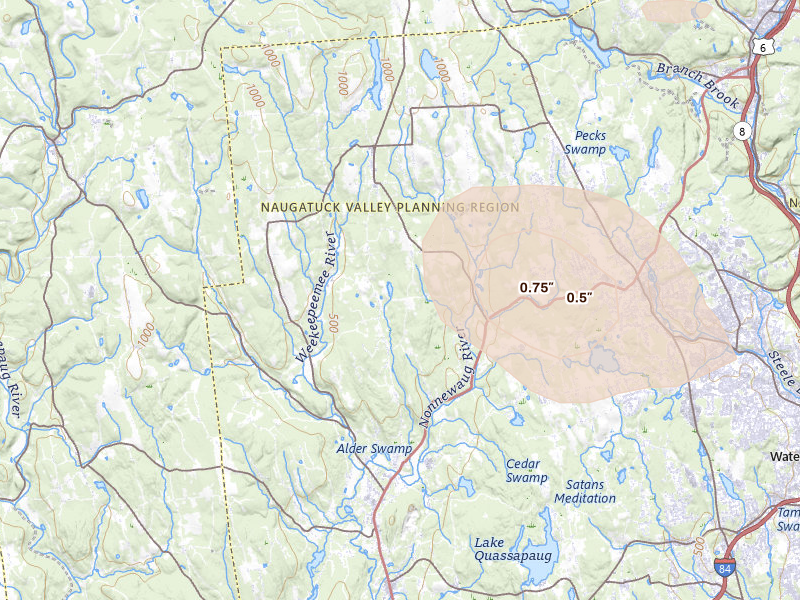 Radar-estimated hail-size map of the storm over Woodbury, CT on Jun 12, 2026