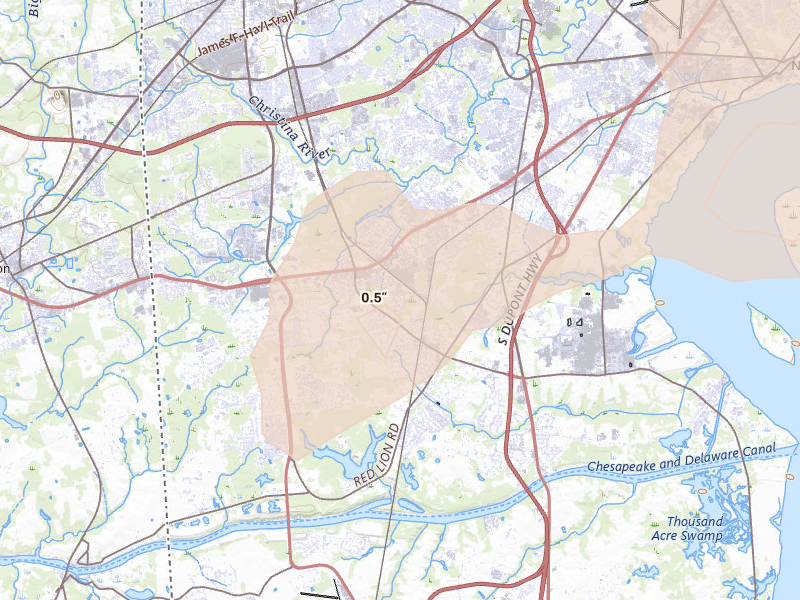 Radar-estimated hail-size map of the storm over Bear, DE on Aug 27, 2026