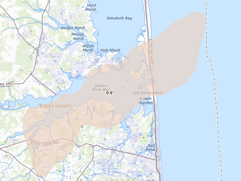Radar-estimated hail-size map of the storm over Bethany Beach, DE on Jul 18, 2026