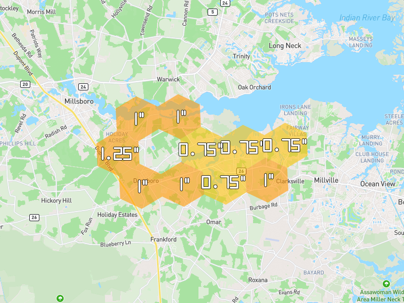 Hail map of Dagsboro, DE on Jun 27, 2026, hail up to 1.25"