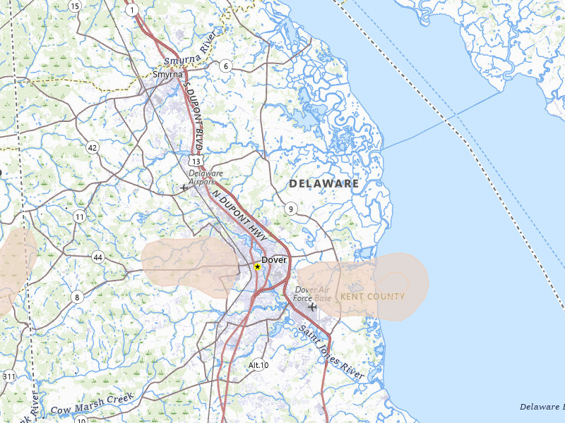 Radar-estimated hail-size map of the storm over Dover, DE on Jul 4, 2026