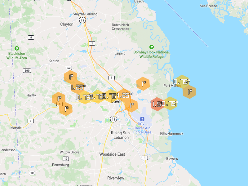 Hail map of Dover, DE on Jul 5, 2026, hail up to 1.5"