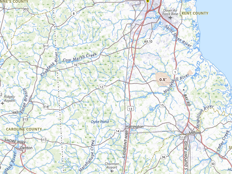 Radar-estimated hail-size map of the storm over Felton, DE on Jul 21, 2026