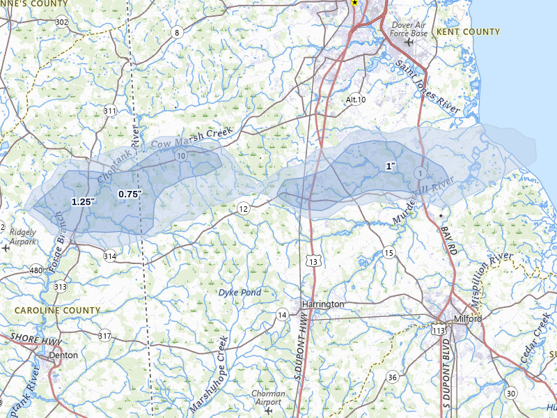 NEXRAD radar-signature map of the hail over Felton, DE