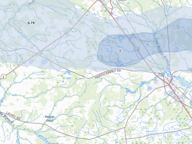 NEXRAD radar-signature map of the hail over Georgetown, DE