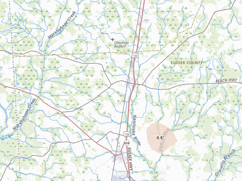 Radar-estimated hail-size map of the storm over Greenwood, DE on Jul 18, 2026